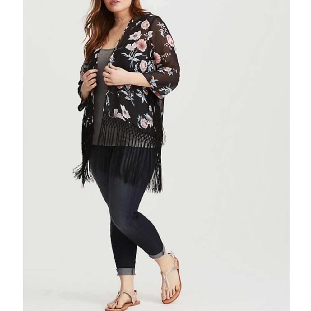 Torrid Black Floral Fringe Boho Duster Kimono - Picture 1 of 8